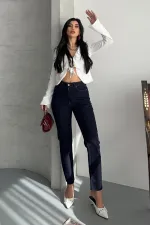 Fringe Ending High Waisted Mom Fit Jean  764-17-(26-29-4) Slubbed Navy Blue