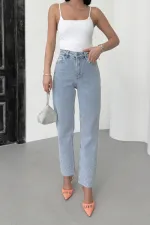 Taşlı Mom Fit Kot Pantolon 7115-08-(26-31)