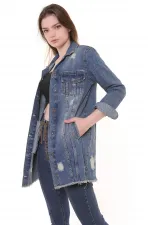 Fringe Finish Boyfriend Denim Jacket 679-62-(S-XL-6) Middle Blue - Tinted Fringe Finish Boyfriend Denim Jacket 679-62-(S-XL-6) Middle Blue - Tinted