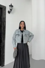 Short Oversize Denim Jacket with Rhinestones 6084-08-(S-XL-6) Snow Light Blue Short Oversize Denim Jacket with Rhinestones 6084-08-(S-XL-6) Snow Light Blue