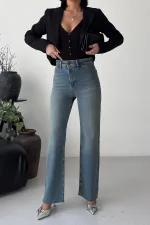 Relaxed Trousers with Stone Embellished Decorative Pockets 7213-62-(27-32) Middle Blue - Tinted
