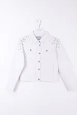 Classic Short Denim Jacket with Decorative Pieces on Shoulders 6076-50-(S-XL-6) White Classic Short Denim Jacket with Decorative Pieces on Shoulders 6076-50-(S-XL-6) White