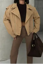 Zipper Detail Denim Jacket 6141-70-(S-L-3) Camel Zipper Detail Denim Jacket 6141-70-(S-L-3) Camel