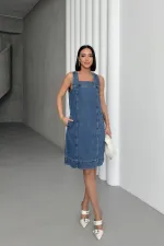Askılı Yan Cepli Klasik Kot Elbise 334-27-(S-XXL)