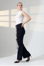 Palazzo Jeans with Hem Detail 7164-17-(27-32) Slubbed Navy Blue Palazzo Jeans with Hem Detail 7164-17-(27-32) Slubbed Navy Blue