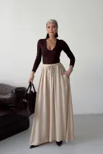 Elasticated Long Skirt HS131-65-(S-L-3) Stone