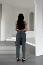 Mom Jean with Decorative Parts on Pockets and Hems 7023-28-(26-31) Dark Blue Snow Denim