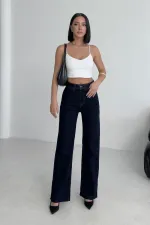Wide Leg Palazzo Relaxed Jean with Decorative Front Pockets  1710-17-(30-36) Slubbed Navy Blue