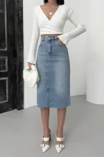 Mid Length Denim Skirt with Triangle Detail  1041-15-(XS-XL) Light Blue Denim