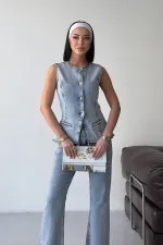 Denim Vest with Slit Front 6086-08-(S-XL) Snow Light Blue
