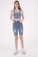Denim Short with Double Folded Bottom Ending 296-06-(S-XL-6) Middle Blue Denim Denim Short with Double Folded Bottom Ending 296-06-(S-XL-6) Middle Blue Denim