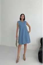 Sleeveless Oversize Denim Dress with Pocket 3043-25-(S-XL-6) Middle Blue