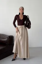 Elasticated Long Skirt HS131-65-(S-L-3) Stone