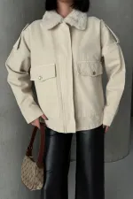 Denim Jacket with Fur Collar Detail 6169-65-(S+L+4) Stone Denim Jacket with Fur Collar Detail 6169-65-(S+L+4) Stone