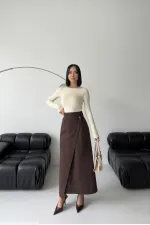 Long Denim Skirt with Flap 1941-78-(36-44) Brown