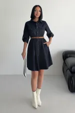 Büzgü Detaylı Kısa Kot Elbise 3040-73-(S-XL)