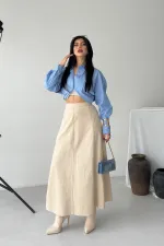 Ruffled Long Skirt with Elasticated Waist  1063-65-(36-44) Stone