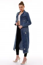 Ripped Long Denim Jacket 680-02-(S-XL) Dark Tinted Denim Ripped Long Denim Jacket 680-02-(S-XL) Dark Tinted Denim