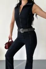 Sleeveless Denim Jumpsuit with Zipper and Belt 3013-23-(S-XL) Regular Anthracite