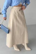 Ruffled Long Skirt with Elasticated Waist  1063-65-(36-44) Stone