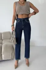 Taşlı Mom Fit Kot Pantolon 7023-26-(26-31)