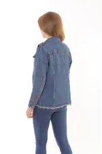 Tasseled Ending Denim Jacket with Lace-up Sleeve 618-62-(S-XL) Middle Blue - Tinted Tasseled Ending Denim Jacket with Lace-up Sleeve 618-62-(S-XL) Middle Blue - Tinted