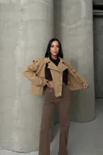 Zipper Detail Denim Jacket 6141-70-(S-L-3) Camel Zipper Detail Denim Jacket 6141-70-(S-L-3) Camel