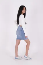 Short Length Denim Skirt with Stitched Hem 1036-15-(36-44) Light Blue Denim