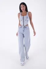 Wide Leg High Waisted Relaxed Jean  718-42-(27-32) Ice Blue - Tinted