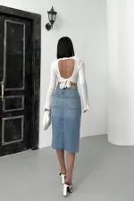 Mid Length Denim Skirt with Triangle Detail  1041-15-(XS-XL) Light Blue Denim