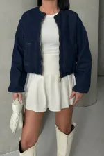 Cropped Zip-Up Jacket 6198-17-(S-L-3) Slubbed Navy Blue