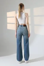 Wide Leg Palazzo Relaxed Jean with Decorative Front Pockets  1710-62-(30-36) Middle Blue - Tinted