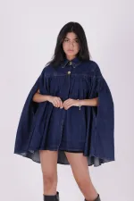 Pleated Oversize Poncho Jacket 6075-26-(STD-3) Regular Dark Blue Pleated Oversize Poncho Jacket 6075-26-(STD-3) Regular Dark Blue