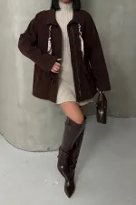 Denim Jacket with Waist Detail 6145-78-(S-L-3) Brown