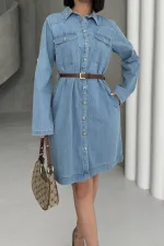 Long Shirt Dress with Buttons 6102-25-(S-XL) Middle Blue