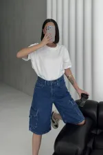 Mid Length Denim Shorts with Pocket Detail 2026-27-(36-42-6) Rinsed Blue