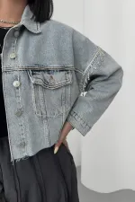 Short Oversize Denim Jacket with Rhinestones 6084-08-(S-XL-6) Snow Light Blue Short Oversize Denim Jacket with Rhinestones 6084-08-(S-XL-6) Snow Light Blue