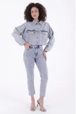 Çapraz Taşlı Mom Fit Kot Pantolon 7054-08-(26-31)