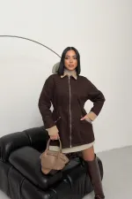 Velvet Piece Detailed Zippered Denim Jacket 6129-78-(S-XL) Brown