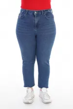 Fringe Ending High Waisted Mom Fit Jean  764-01-(32-36) Dark Blue Denim
