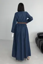 Büzgü Detaylı Uzun Kot Elbise  3048-26-(S-XL)