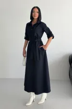 Düğmeli Uzun Boy Kot Elbise 3047-73-(S-XL)