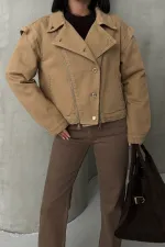 Zipper Detail Denim Jacket 6141-70-(S-L-3) Camel Zipper Detail Denim Jacket 6141-70-(S-L-3) Camel