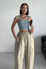 Askılı Fermuarlı Kot Büstiyer 410-08-(S-XL-6) Kar Yıkama Açık Mavi