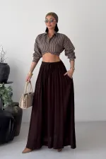 Elasticated Long Skirt HS131-78-(S-L-3) Brown