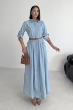 Büzgü Detaylı Uzun Kot Elbise  3048-42-(S-XL)