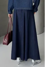 Ruffled Long Skirt with Elasticated Waist 1063-17-(36-44) Slubbed Navy Blue