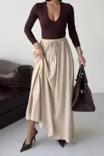 Elasticated Long Skirt HS131-65-(S-L-3) Stone