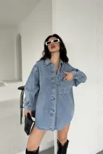 Oversize Denim Jacket with Buttons 6080-08-(S+L+3) Snow Light Blue