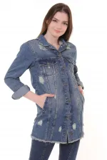 Fringe Finish Boyfriend Denim Jacket 679-62-(S-XL-6) Middle Blue - Tinted Fringe Finish Boyfriend Denim Jacket 679-62-(S-XL-6) Middle Blue - Tinted